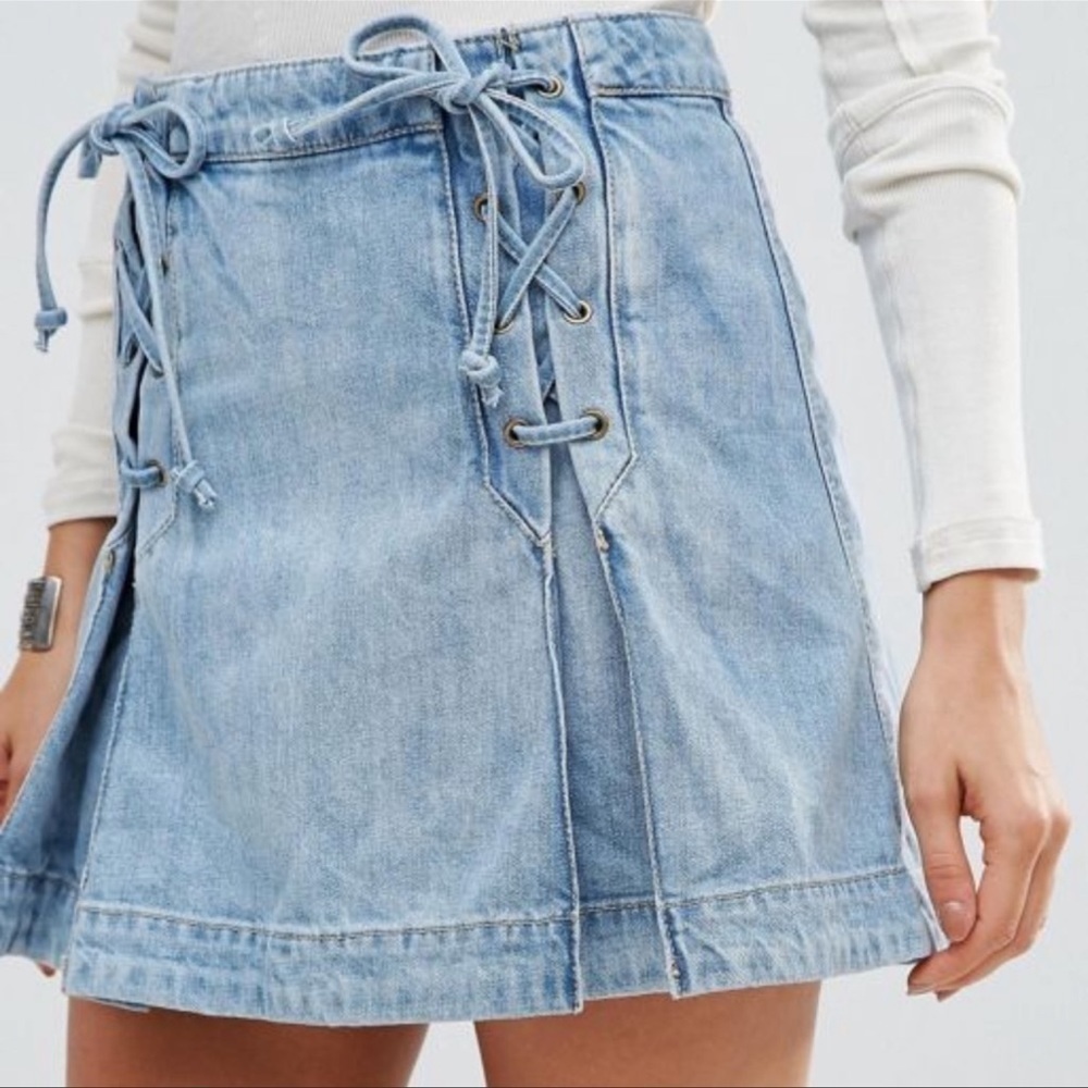 Free People | Y2K Mini Pleated Denim Skirt Lace Ties | 0